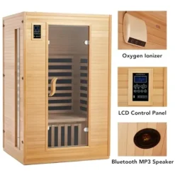 PioneerWorks 2024 Upgrade 2 Person Sauna Low EMF Infrared Therapy Wooden Dry Steam Sauna Wood Color