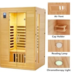 PioneerWorks 2024 Upgrade 2 Person Sauna Low EMF Infrared Therapy Wooden Dry Steam Sauna Wood Color