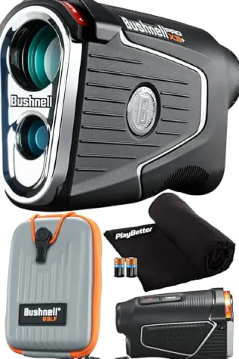 PlayBetter Bushnell Golf Pro X3+ Plus Golf Laser Rangefinder Bundle – Slope-Switch, Dual Display, PinSeeker with Visual JOLT, Accurate Readings – Includes PlayBetter Microfiber Towel & Extra Battery Rangefinder Bundle