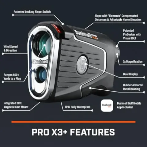 PlayBetter Bushnell Golf Pro X3+ Plus Golf Laser Rangefinder Bundle – Slope-Switch, Dual Display, PinSeeker with Visual JOLT, Accurate Readings – Includes PlayBetter Microfiber Towel & Extra Battery Rangefinder Bundle