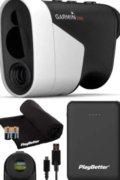 PlayBetter Garmin Approach Z82 Golf Range Finder with Slope & Image Stabilization – Bundle with Portable Charger & Towel