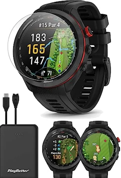 PlayBetter Garmin Approach S70 (Black, 47mm) Golf GPS Watch Bundle | Premium Smartwatch with Virtual Caddie, Playslike Distance, Screen Protectors & Portable Charger