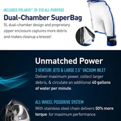 Polaris P39 Pressure Side Pool Cleaner – All Wheel Drive – TailSweep PRO – Dual Chamber SuperBag – White