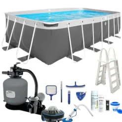 PoolZoom CaliFun Soft Sided Frame Pool Package with Pump and Filter Set, 10′ x 18′ Rectangle Gray