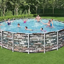 Power Steel Bestway 56881E 20-Ft Diameter Frame Round Above Ground Swimming Pool Set Multi
