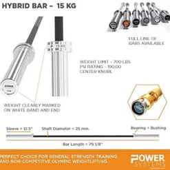Power Systems Women’s 15kg Hybrid Bar for Traditional Weight Lifting – Diamond Pattern Knurling Silver