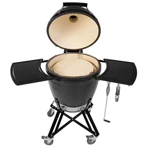 Primo All-in-One Kamado Round Grill with Cradle Shelves, Ash Tool and Lift Black