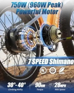 PUCKIPUPPY Electric Bike 960W 48V 20AH Full Suspension 26″ Fat Tire 7 Speed Aluminum Alloy Amber Orange