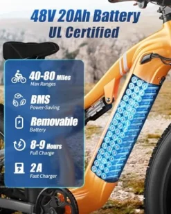 PUCKIPUPPY Electric Bike 960W 48V 20AH Full Suspension 26″ Fat Tire 7 Speed Aluminum Alloy Amber Orange