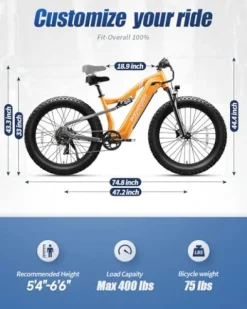 PUCKIPUPPY Electric Bike 960W 48V 20AH Full Suspension 26″ Fat Tire 7 Speed Aluminum Alloy Amber Orange
