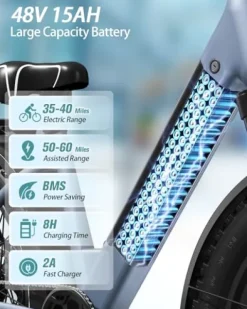 PUCKIPUPPY Electric Bike 960W 48V 15AH 28MPH 26″ Fat Tire Grayish Blue