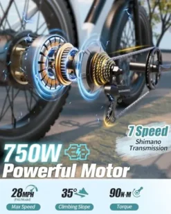 PUCKIPUPPY Electric Bike 960W 48V 15AH 28MPH 7-Speed 26″ Fat Tire White