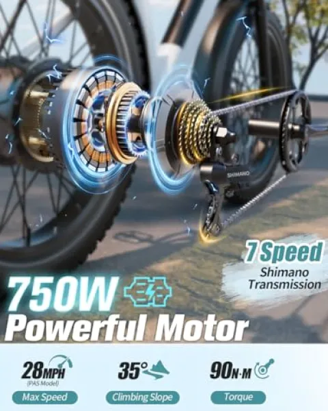 PUCKIPUPPY Electric Bike 960W 48V 15AH 28MPH 7-Speed 26″ Fat Tire White