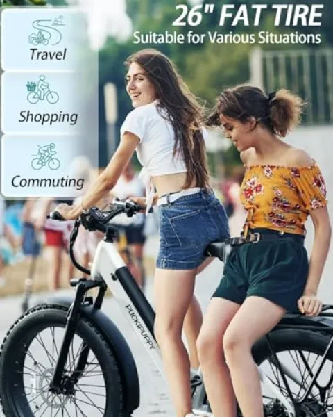 PUCKIPUPPY Electric Bike 960W 48V 15AH 28MPH 7-Speed 26″ Fat Tire White