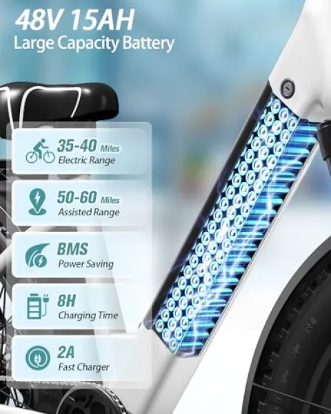 PUCKIPUPPY Electric Bike 960W 48V 15AH 28MPH 7-Speed 26″ Fat Tire White