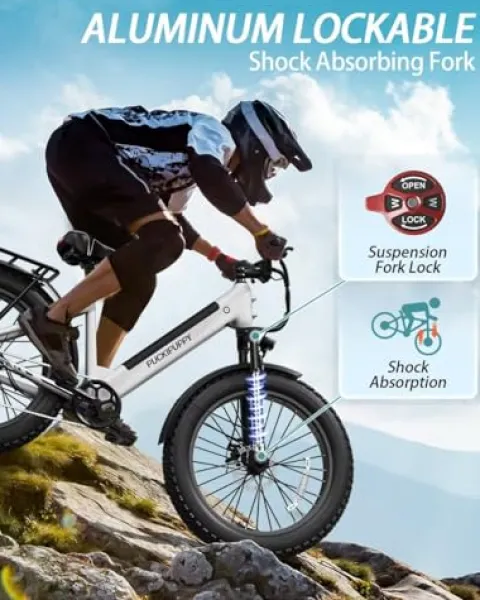 PUCKIPUPPY Electric Bike 960W 48V 15AH 28MPH 7-Speed 26″ Fat Tire White
