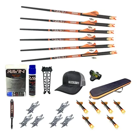 RAVIN Crossbow Arrows .003 400-Grain 6-Pack Bundle with Broadheads, Case & Accessories Black