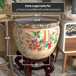 Red Lantern 20″ Rose Medallion Porcelain Fishbowl Planter Rose Medallion