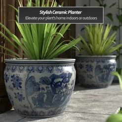 Red Lantern Large 20″ Ladies Blue Porcelain Fishbowl Planter