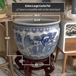 Red Lantern Large 20″ Ladies Blue Porcelain Fishbowl Planter