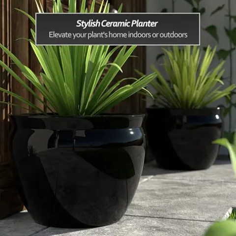 Red Lantern Large 20″ Porcelain Fishbowl Planter Black