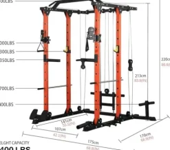 REDAEL Versatile Power Cage with LAT Pulldown, Weight Storage, and Optional Bench Orange+Black