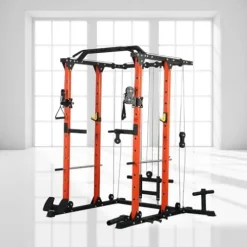 REDAEL Versatile Power Cage with LAT Pulldown, Weight Storage, and Optional Bench Orange+Black