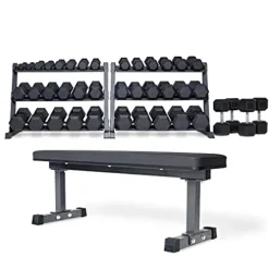REP Fitness Rubber Hex Dumbbell Set with Rack and Flat Bench OptionE: 5-100withFlat