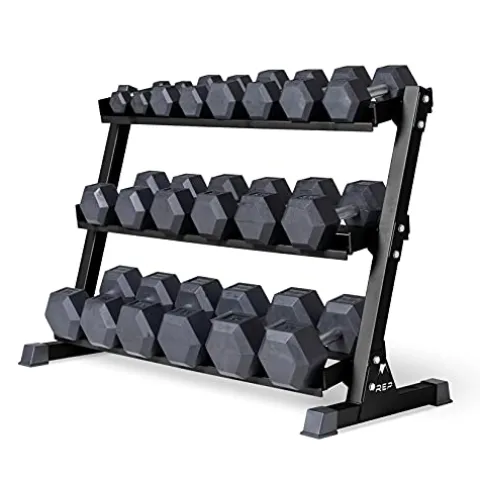 REP Rubber Hex Dumbbell Set with Rack Matte Black