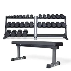 REP Rubber Hex Dumbbell Set 5-75 lb with 3-Tier Rack and Flat Bench