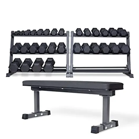 REP Rubber Hex Dumbbell Set 5-75 lb with 3-Tier Rack and Flat Bench