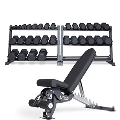 REP Rubber Hex Dumbbell Set 5-75 lbs with Adjustable Bench AB-3000
