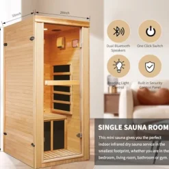 RIGO 1-Person Infrared Sauna Hemlock Wood with Bluetooth & LED Control 980W