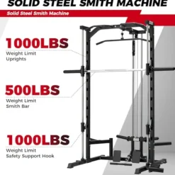 RitFit Smith Machine Power Rack with LAT-Pull Down System, Landmine, Barbell Bar, Plate Storage Pegs Black