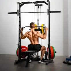 RitFit Smith Machine Power Rack with LAT-Pull Down System, Landmine, Barbell Bar, Plate Storage Pegs Black