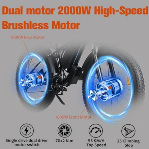 Ronson Electric Bicycle for Adults Dual Motor 1000W/2000W 48V/23AH Black-2000W (New upgraded style)