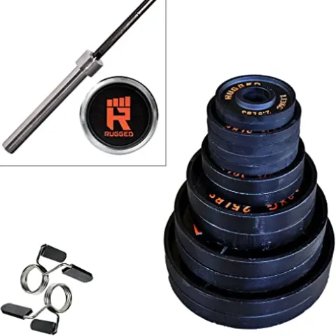 Rugged Strength & Fitness Olympic Weight Plate Set – 300 lbs. Cast Iron, Deep Dish Design Black