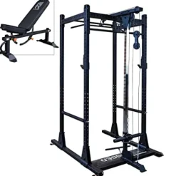 Rugged Strength & Fitness Power Rack with Lat Attachment & Heavy Duty Flat-Incline Bench Black