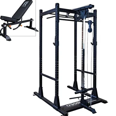 Rugged Strength & Fitness Power Rack with Lat Attachment & Heavy Duty Flat-Incline Bench Black