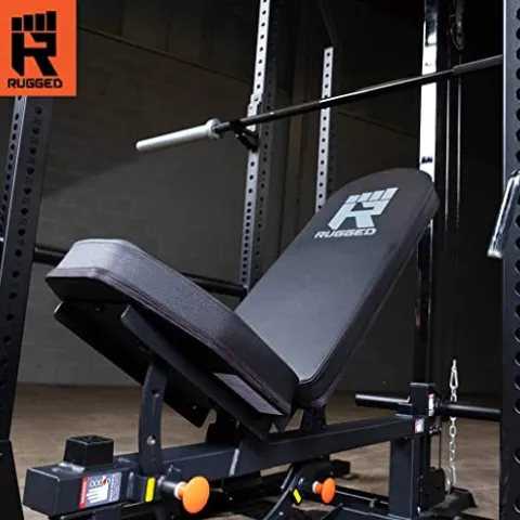 Rugged Strength & Fitness Power Rack with Lat Attachment & Heavy Duty Flat-Incline Bench Black