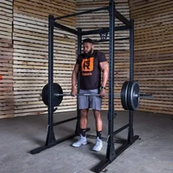 Rugged Strength & Fitness Power Rack with Lat Attachment & Heavy Duty Flat-Incline Bench Black