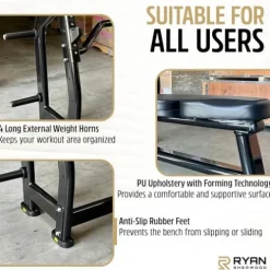Ryan Sherwood Olympic Bench Chest Press with 4 Long External Storage Weight Horns Black