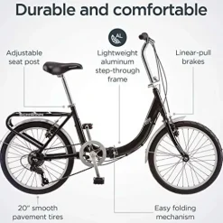 Schwinn Loop Adult Folding Bike 20-inch Wheels 7-Speed Drivetrain Rear Cargo Rack Carrying Bag Black