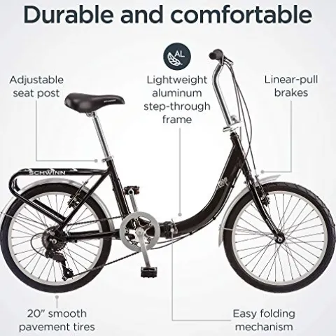 Schwinn Loop Adult Folding Bike 20-inch Wheels 7-Speed Drivetrain Rear Cargo Rack Carrying Bag Black