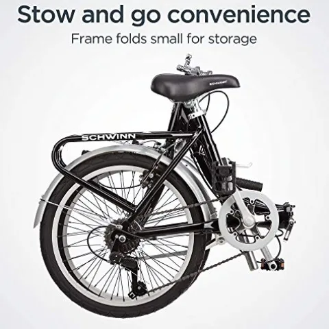 Schwinn Loop Adult Folding Bike 20-inch Wheels 7-Speed Drivetrain Rear Cargo Rack Carrying Bag Black