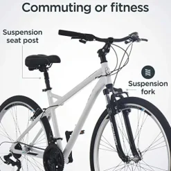 Schwinn Network 3.0 Hybrid Bike Men Women 700c 21-Speed 18-Inch Aluminum Frame Front Suspension Alloy Linear Pull Brakes White