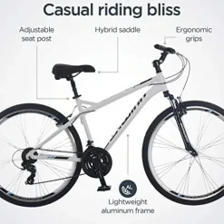 Schwinn Network 3.0 Hybrid Bike Men Women 700c 21-Speed 18-Inch Aluminum Frame Front Suspension Alloy Linear Pull Brakes White