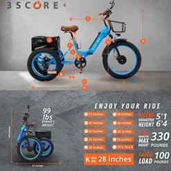 3SCORE Electric Fat Trike 750W Motor and 48V Lithium Rechargeable Battery – Etrike 24 Inch Fat Tire – Foldable Electric Cruiser Tricycle Electric Blue