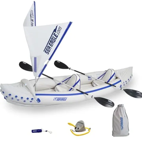 Sea Eagle SE370 Inflatable Sports Kayak 1-3 Person with Seats, Paddles, Bag Blue/White