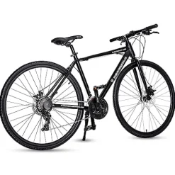 5Seconds Hybrid Bicycle Paramount 100 Mountain Bike for Men Women 21-Speed Lightweight Aluminum Alloy Frame Adult Bike with Trigger Shifters and Mechanical Disc Brakes Black